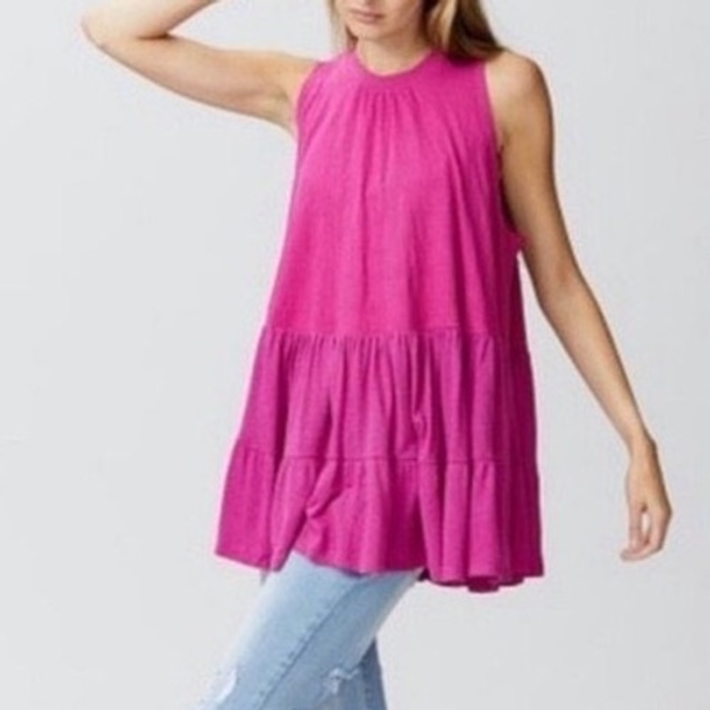 Free People Magenta Pink Tiered Trapeze Tank Top Sleeveless‎ Keyhole Back S k1